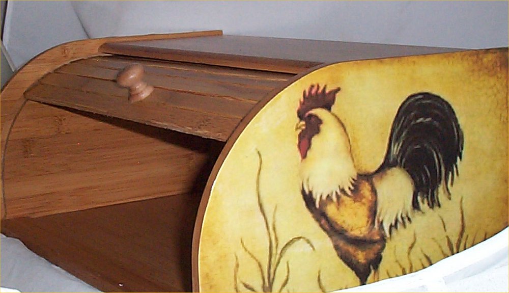Rooster Bread Box Bamboo Wood Country Farm Kitchen Roll Top Lodge