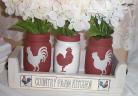 Country Red Rooster 4 Pc Mason Jar Set And Wood Crate Utensil Holder Flowers 