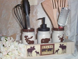 Deer Mason Jars Wood Crate Distressed Country Farm Bear Soap Pump Walk Box