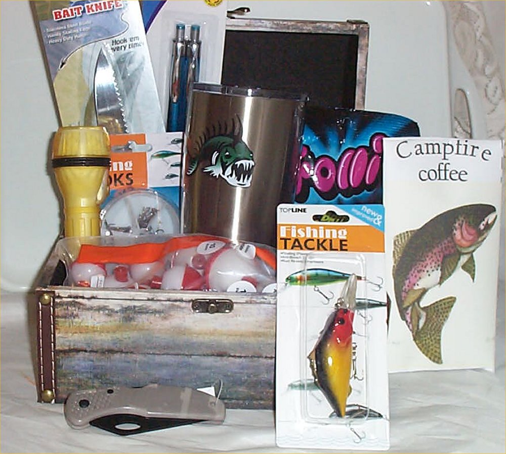 Fishing Gift Basket Trinket Chest Lures Outdoor Knife Floated Hooks Line  Mens - House and Craft .com by American Original Design